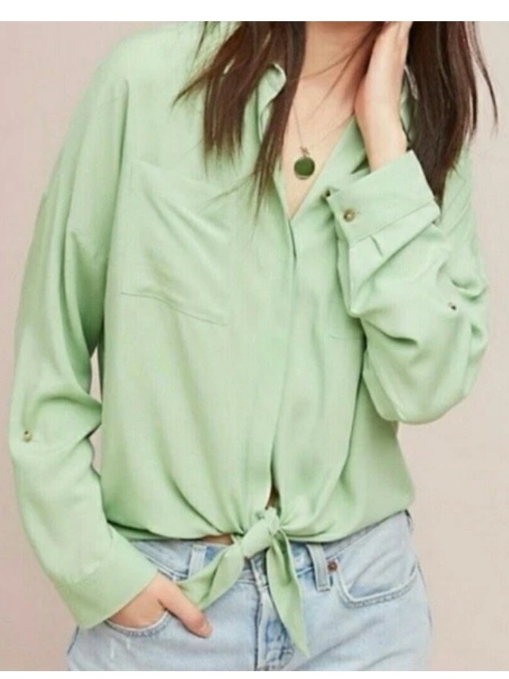 Maeve Anthropologie Sage Green Front Tie Long Sleeve Button Down Shirt Blouse L